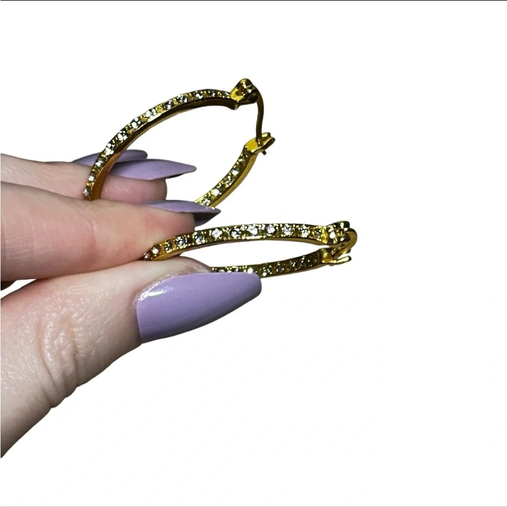 Gold Plated Rhinestone Oval Hoop Earrings - Picture 5 of 6